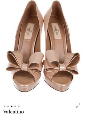 Valentino Beige Patent Leather Bow Peep-Toe Pumps